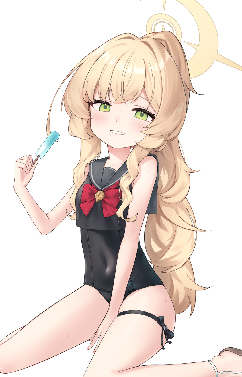 1girl, black_one-piece_swimsuit, black_sailor_collar, blonde_hair, blue_archive, bow, bowtie, ciza_gomi, fluffy_hair, food, green_eyes, halo, highres, long_hair, one-piece_swimsuit, popsicle, professor_niyaniya_(blue_archive), red_bow, red_bowtie, sailor_collar, simple_background, sitting, solo, swimsuit, white_background, yellow_halo