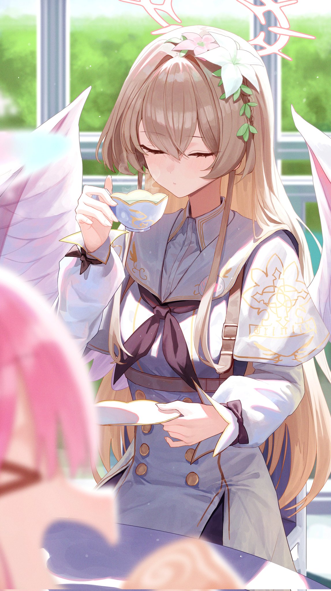 >_<, 2girls, angel_wings, blue_archive, cake, capelet, feathered_wings, flower
