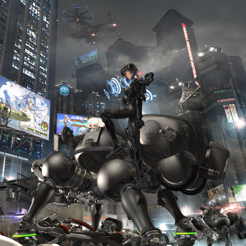 1girl, absurdres, aircraft, black_bodysuit, bodysuit, city, commentary_request, cyberpunk, expressionless, full_body, ghost_in_the_shell, gun, handgun, head-mounted_display, helicopter, highres, holding, holding_gun, holding_weapon, holographic_interface, kusanagi_motoko, military_vehicle, motor_vehicle, neon_sign, official_art, purple_hair, red_eyes, shirow_masamune, short_hair, sign, sky, tank, weapon
