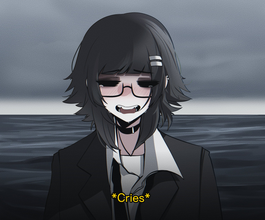 1girl, absurdres, black_collar, black_hair, black_necktie, blunt_bangs, closed_eyes, collar