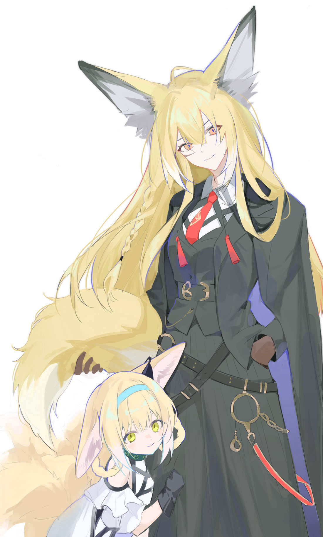2girls, ahoge, animal_ear_fluff, animal_ears, arknights, black_coat, black_gloves, black_jacket