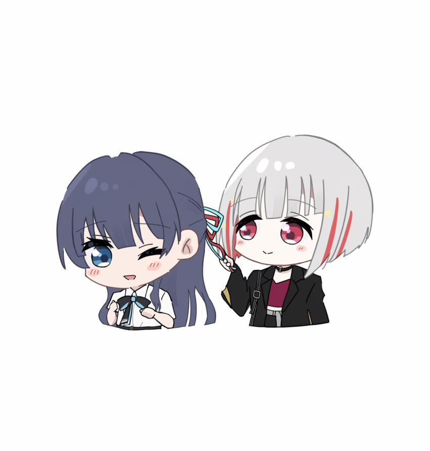 2girls, ;d, black_choker, black_jacket, black_necktie, blue_eyes, blue_hair, blue_necktie, blue_ribbon, blush, bob_cut, casual, choker, closed_mouth, collared_shirt, commentary, cropped_shirt, cropped_torso, diagonal_bangs, dollchestra, grey_hair, hair_ribbon, half_updo, hashtag-only_commentary, highres, inverted_bob, jacket, link!_like!_love_live!, long_hair, long_sleeves, looking_at_another, love_live!, magu_(cv_mgmgcup), midriff, multicolored_hair, multiple_girls, murano_sayaka, murano_sayaka_(summer_casual), necktie, o-ring, o-ring_choker, official_alternate_costume, one_eye_closed, open_clothes, open_jacket, open_mouth, red_eyes, red_hair, red_ribbon, red_shirt, ribbon, ribbon_hold, shirt, short_hair, short_sleeves, smile, split_mouth, streaked_hair, v-neck, virtual_youtuber, white_shirt, yugiri_tsuzuri, yugiri_tsuzuri_(summer_casual)