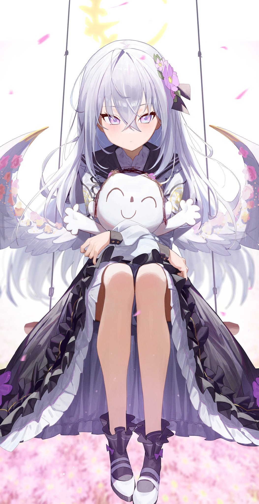 1girl, azusa_(blue_archive), blue_archive, blush, crescent_halo, doodle_sensei_(blue_archive), feathered_wings, flower