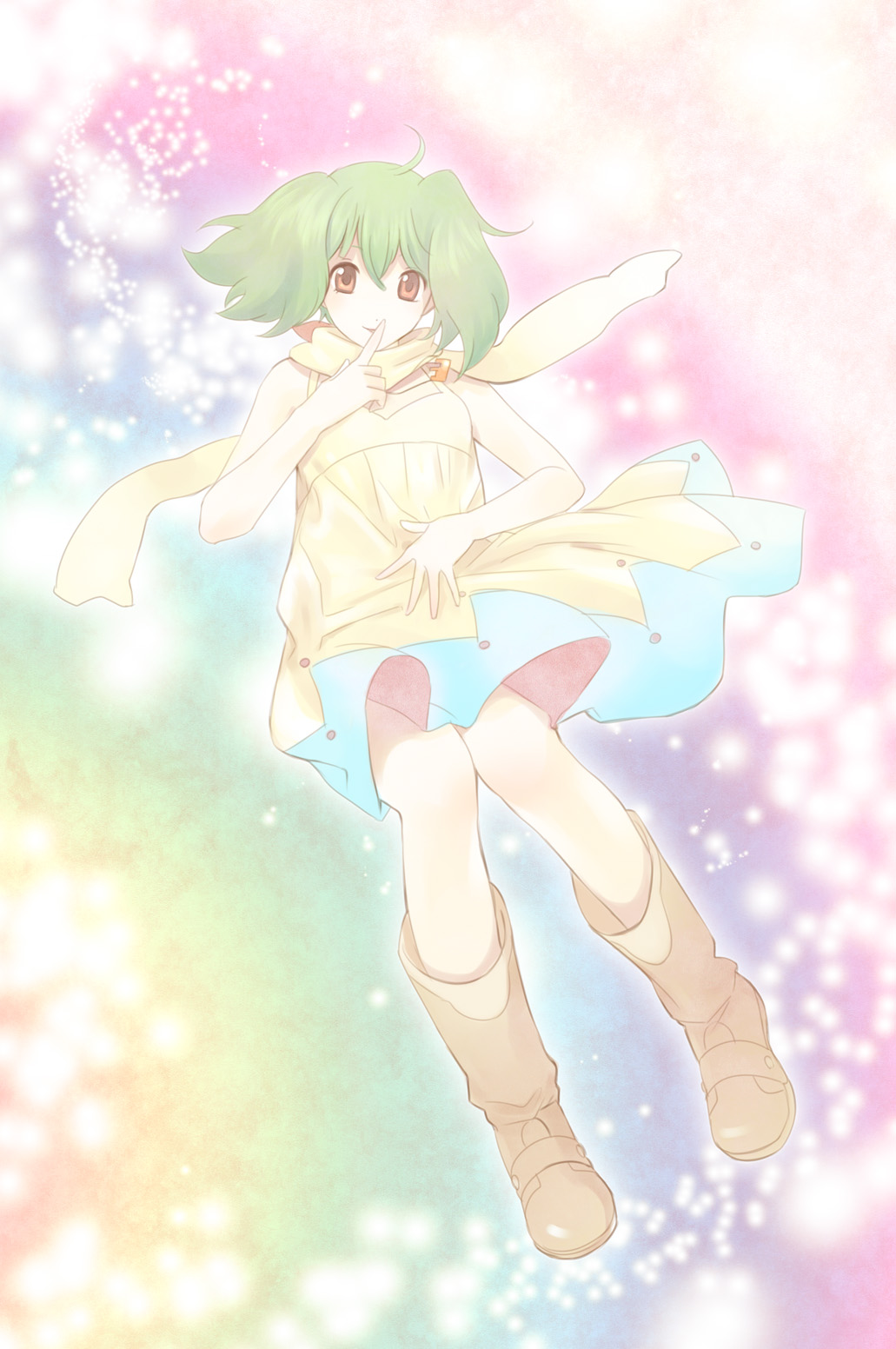boots, dress, finger_to_mouth, floating, green_hair, highres, kasuga_hamui, macross