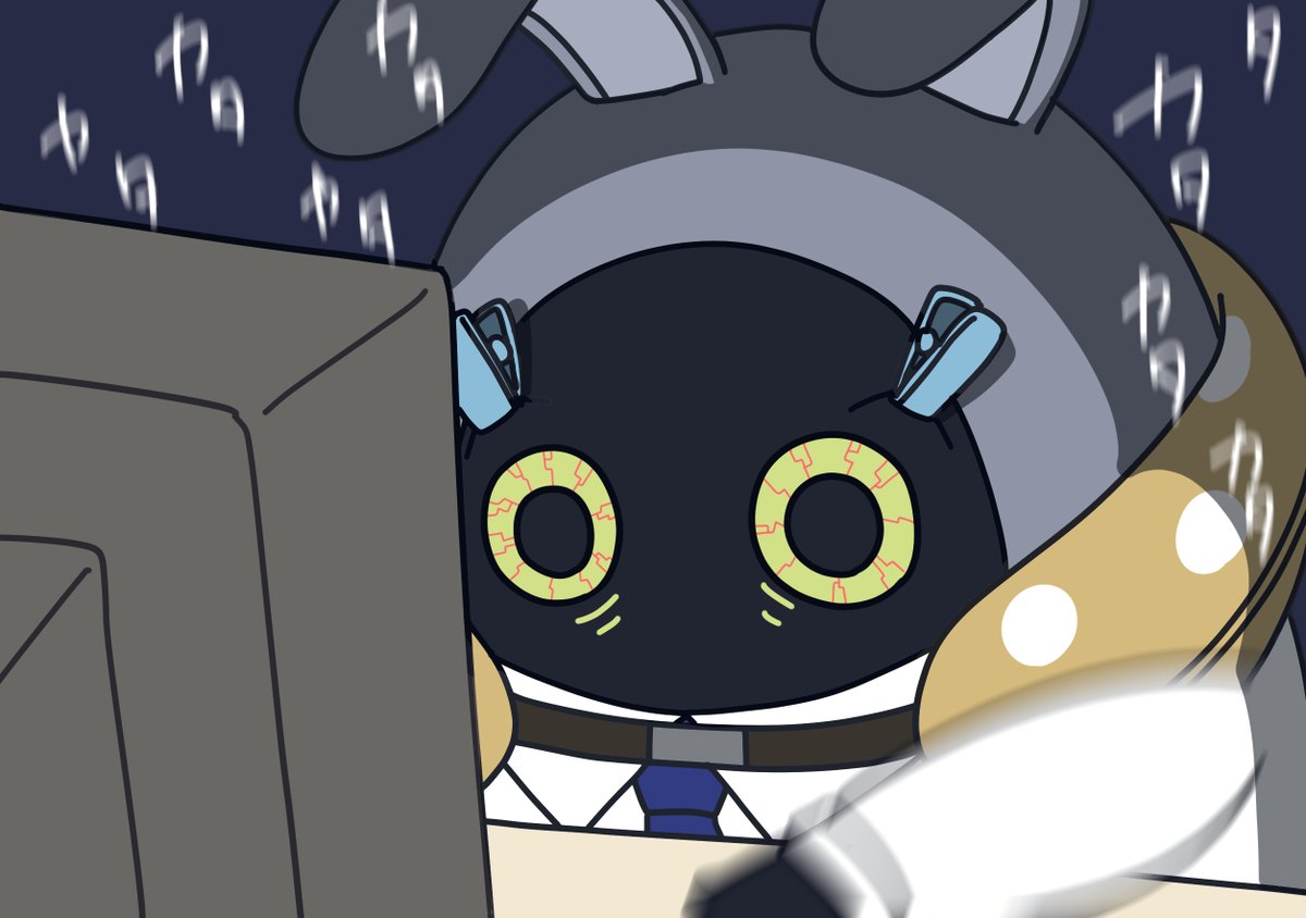 1other, bangboo_(zenless_zone_zero), blue_necktie, blurry, commentary, computer, kinaco_4738, neck_pillow