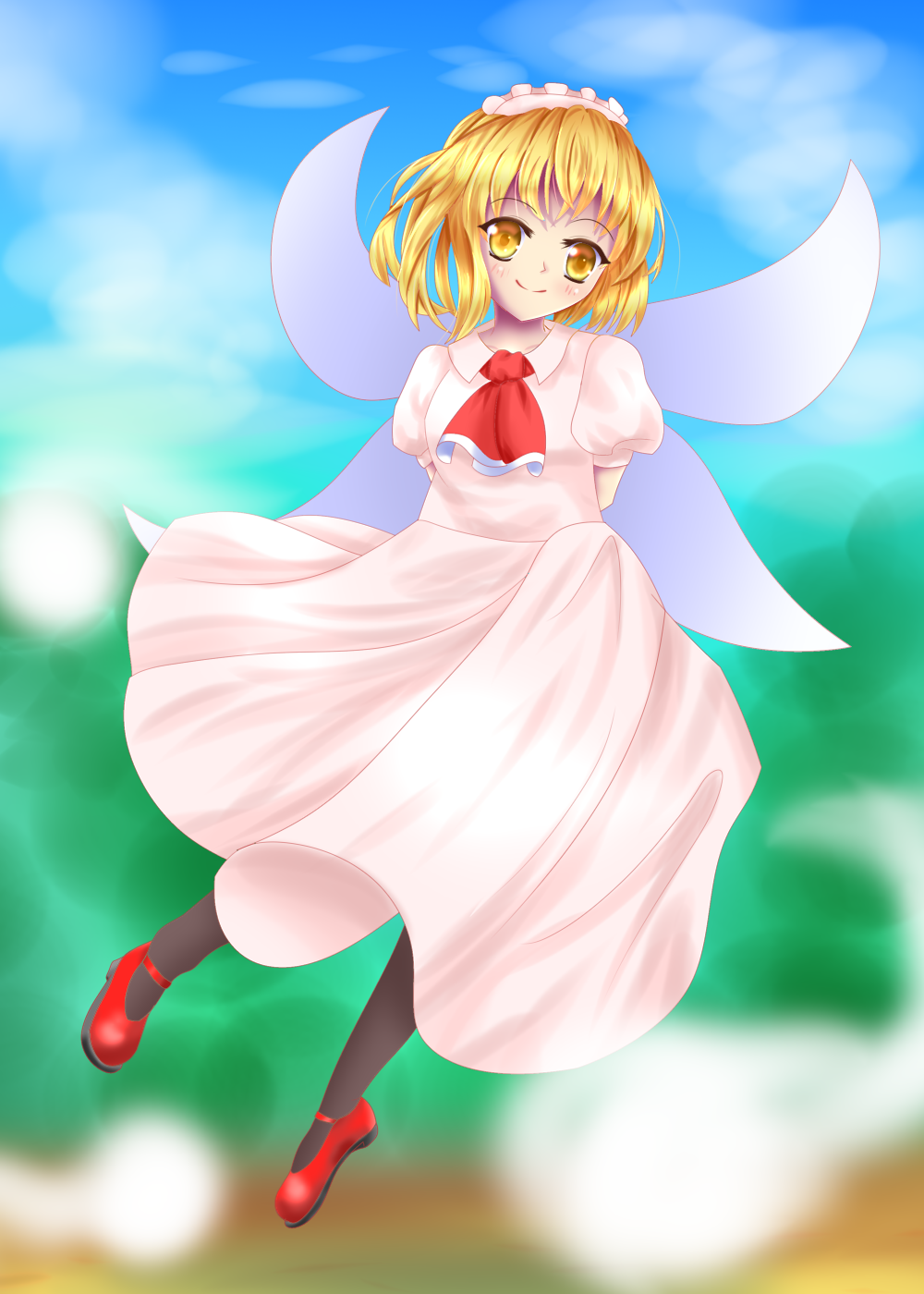 1girl, black_pantyhose, blonde_hair, blonde_makai_resident_(touhou), dress, fairy_wings, hair_ornament, highres