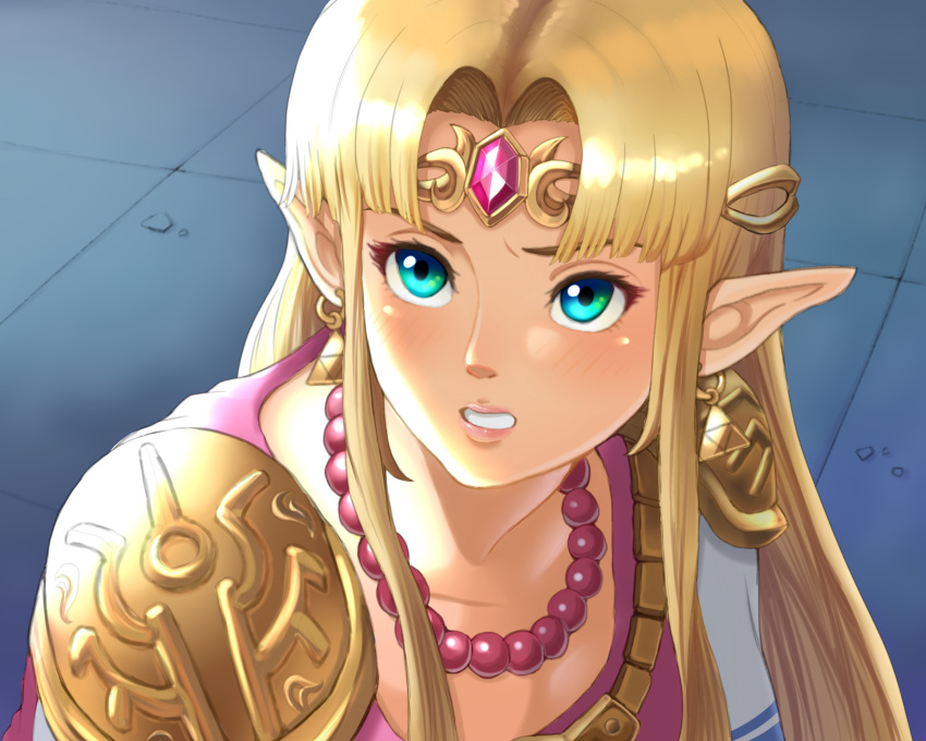 1girl, absurdres, aqua_eyes, armor, bead_necklace, beads, blonde_hair, circlet