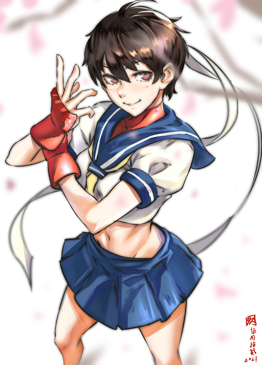 1girl, absurdres, adjusting_clothes, adjusting_gloves, blue_skirt, brown_eyes, brown_hair, cherry_blossoms