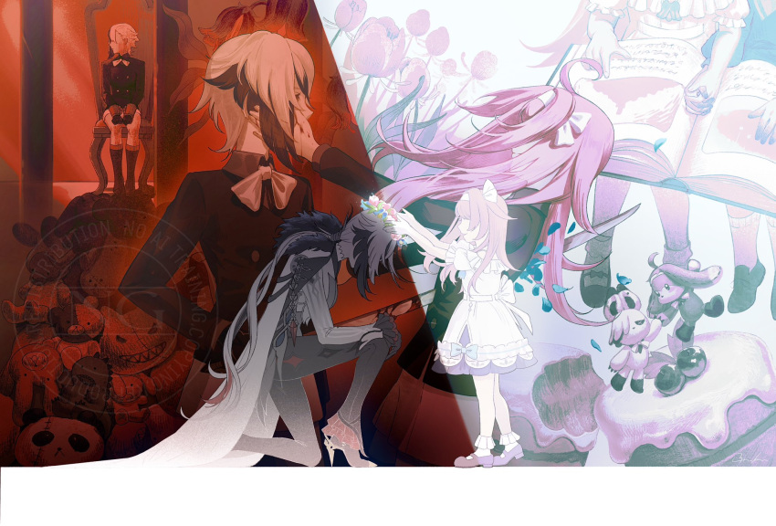 2girls, age_difference, aged_down, ahoge, arlecchino_(genshin_impact), back_bow, black_boots, black_eyes