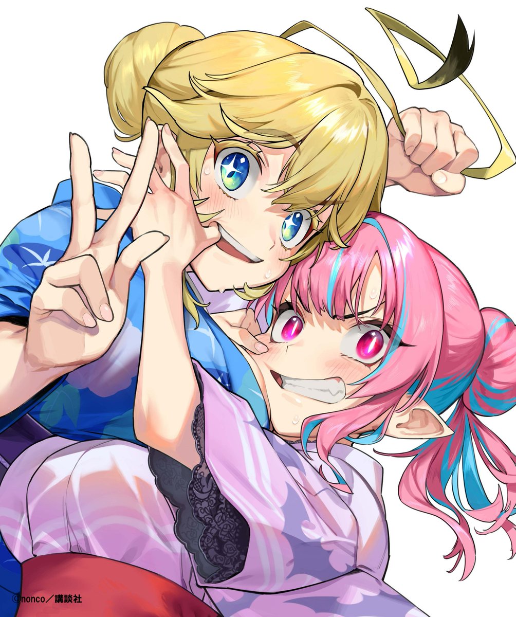 2girls, artist_name, blonde_hair, blue_eyes, blue_hair, blue_kimono, blush, breasts