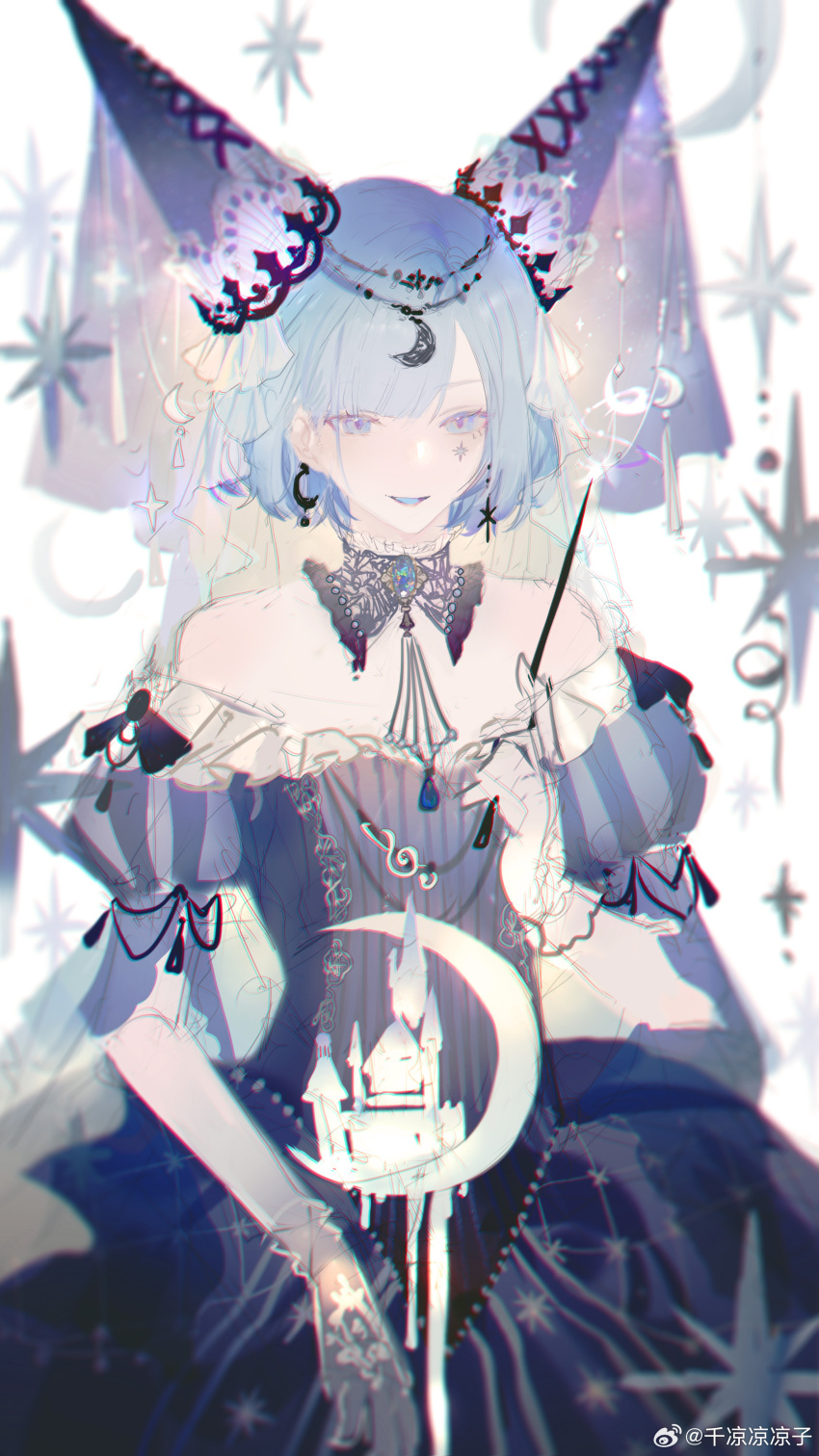 1girl, absurdres, black_collar, blue_dress, blue_eyes, blue_gemstone, blue_hair, blue_hat