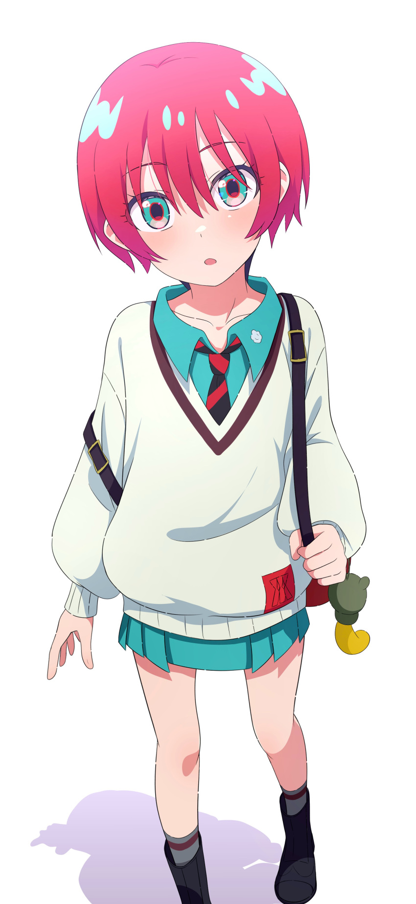 1girl, absurdres, amate_yuzuriha, anime_coloring, aqua_eyes, aqua_shirt, aqua_skirt, blush