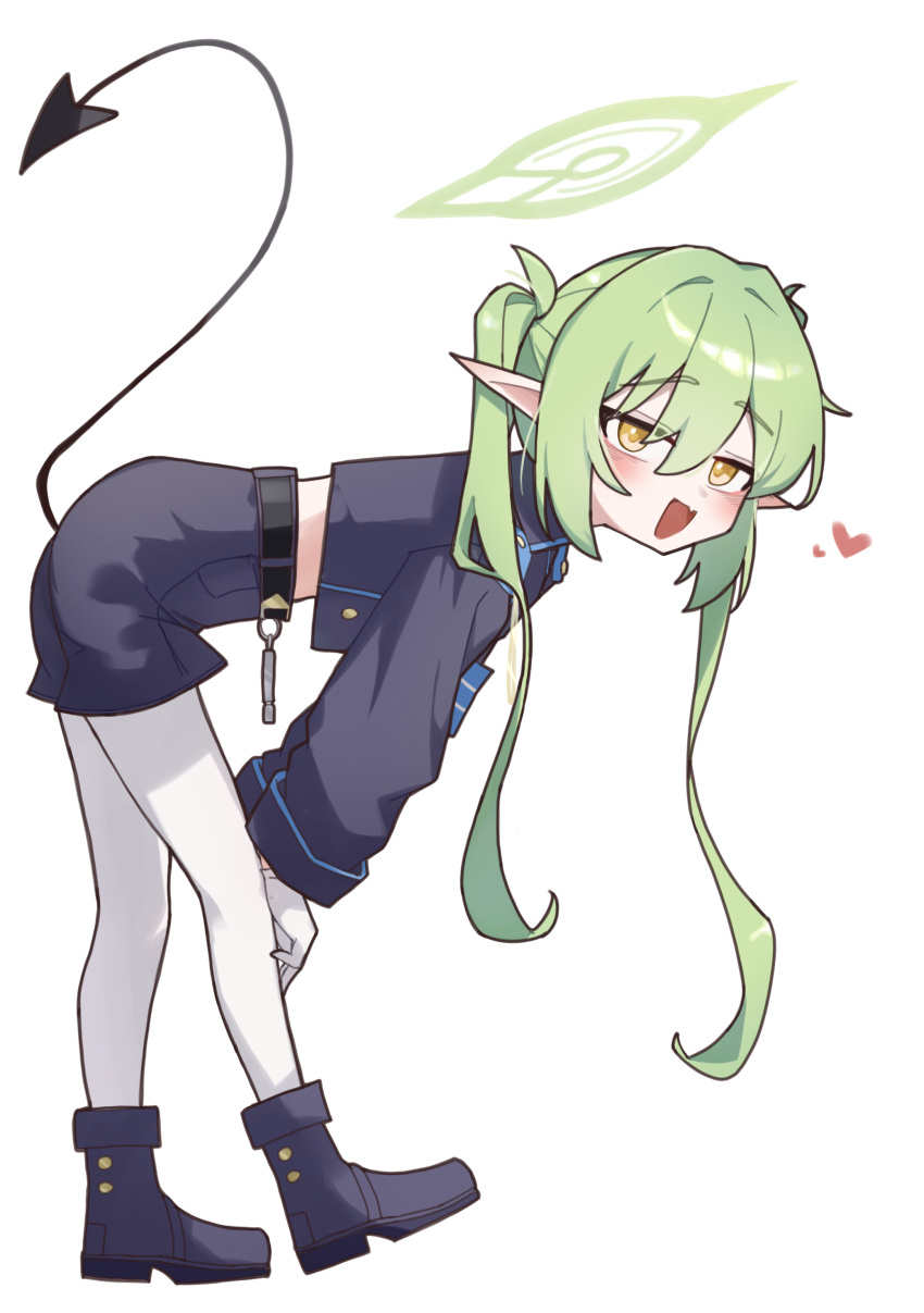 1girl, absurdres, bent_over, black_boots, black_jacket, black_shorts, black_tail, blue_archive