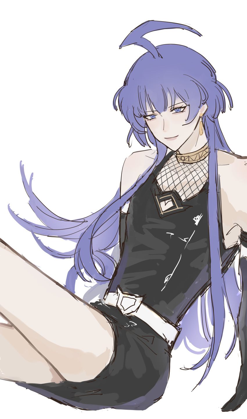 1boy, absurdres, ahoge, arm_support, bare_shoulders, belt, black_dress, black_gloves