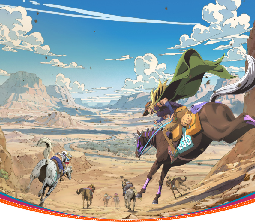 1girl, 5boys, blonde_hair, blue_sky, bridal_gauntlets, brown_pants, cape, character_request