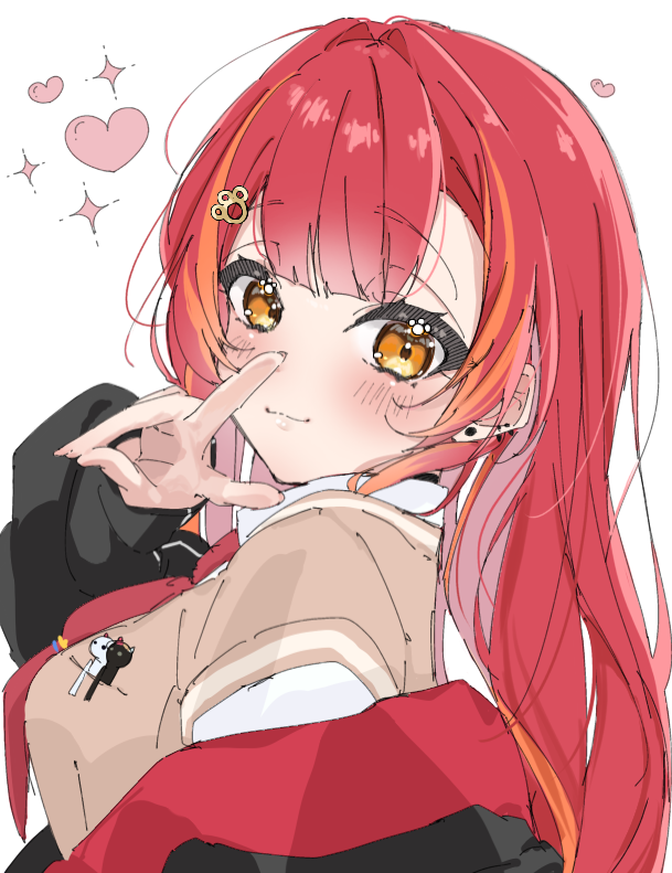 1girl, blush, closed_mouth, heart, looking_at_viewer, multicolored_hair, neckerchief, nekota_tsuna, nekota_tsuna_(4th_costume), opera_(rawz3335), orange_hair, red_eyes, red_hair, red_neckerchief, solo, streaked_hair, two-tone_hair, v, virtual_youtuber, vspo!, white_background