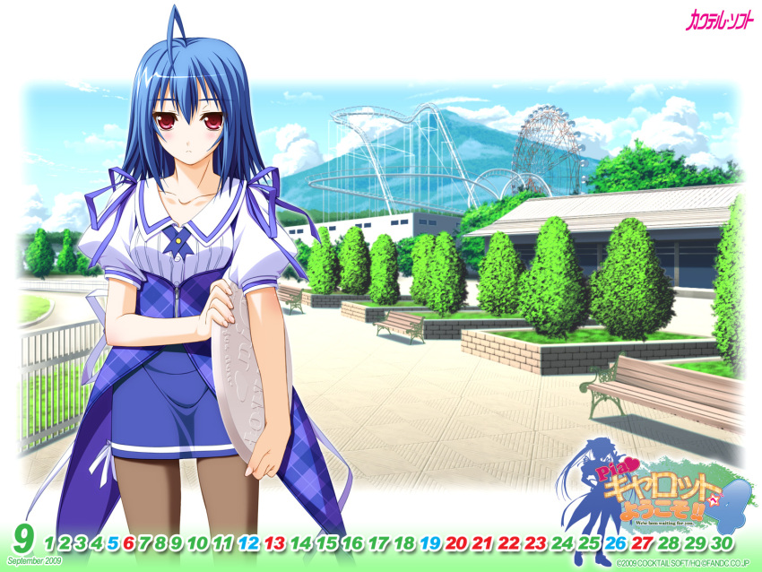 1girl, ahoge, blue_hair, blue_ribbon, calendar, collarbone, female, hair_ribbon, kitagawa_sora, looking_at_viewer, murakami_suigun, pantyhose, pia_carrot, pia_carrot_4, red_eyes, ribbon, solo, source_request, waitress