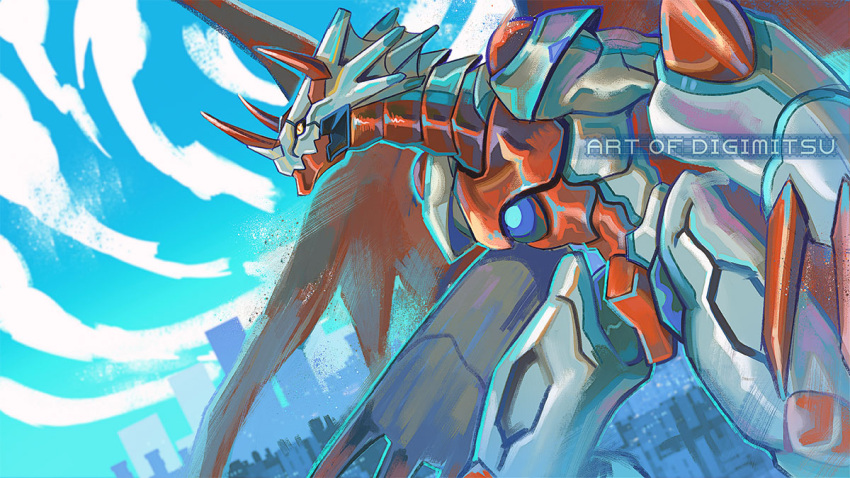 artist_name, blurry, blurry_background, canoweissmon, chest_jewel, cowboy_shot, digimitsuart, digimon