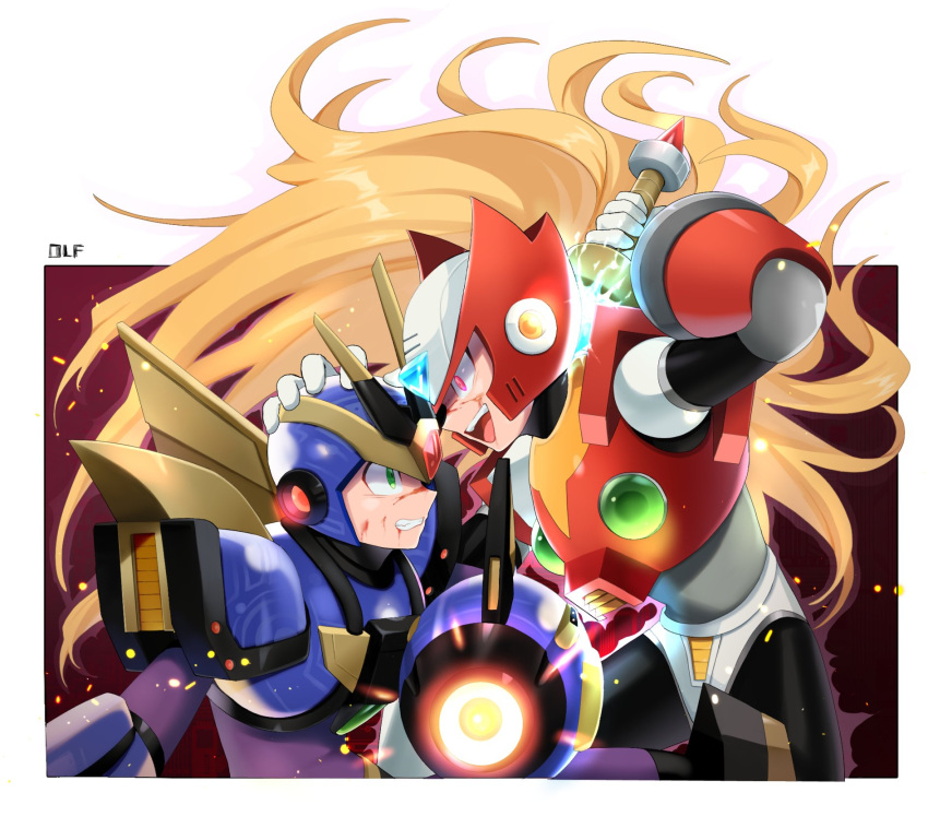 2boys, arm_cannon, armor, blonde_hair, blue_armor, blue_helmet, chest_jewel, cowboy_shot, forehead_jewel, helmet, highres, long_hair, male_focus, mega_man_(series), mega_man_x_(series), multiple_boys, olf_megaman, red_armor, red_helmet, simple_background, ultimate_armor_x_(mega_man), upper_body, weapon, x_(mega_man), z_saber, zero_(mega_man)