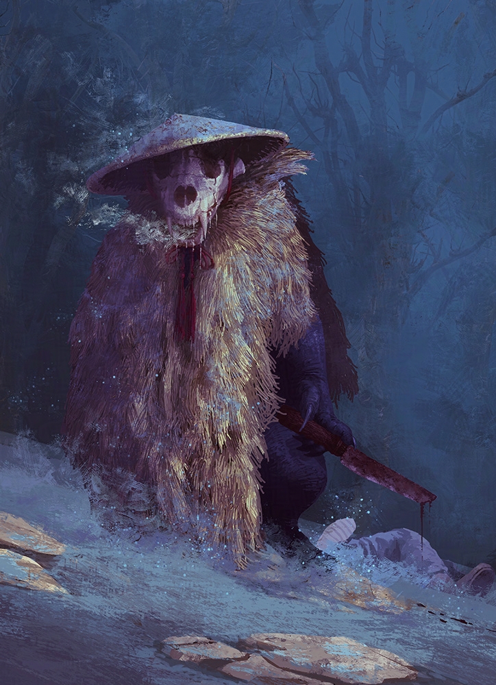 animal_skull, blood, blood_on_weapon, breath, claws, death, fangs, fog, hat, holding, holding_weapon, horror_(theme), monster, nata_(tool), original, outdoors, rice_hat, snow, standing, straw_cape, teeth, toy(e), weapon