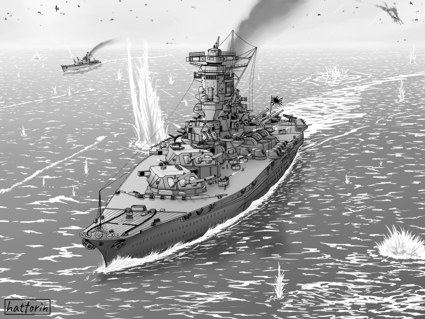 absurdres, aircraft, airplane, anti-aircraft_gun, artist_name, autocannon, battleship, cannon