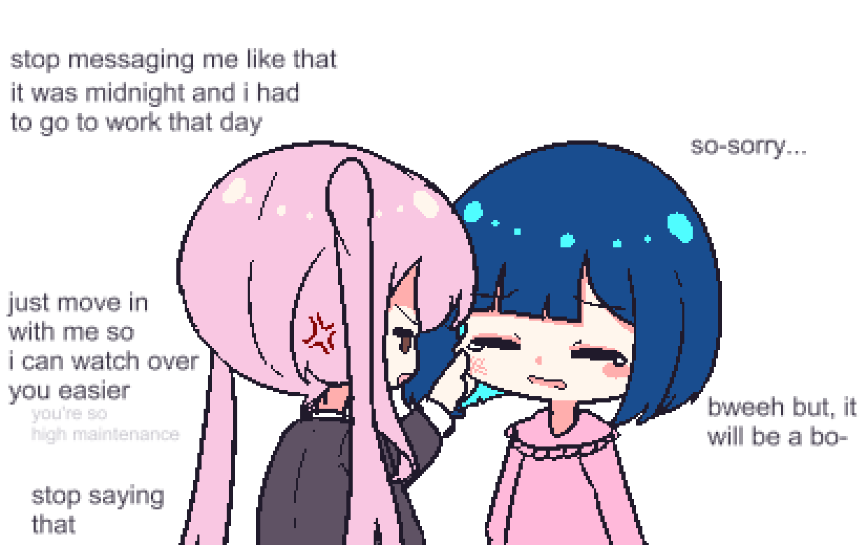 2girls, anger_vein, blue_hair, blunt_bangs, brown_eyes, cheek_pull, chibikki, closed_eyes