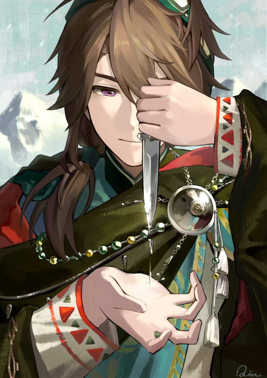 1boy, absurdres, artist_name, blue_sky, brown_hair, cape, closed_mouth, dagger