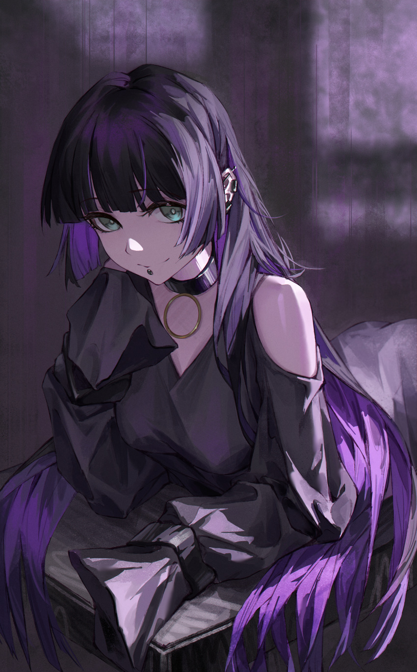 1girl, absurdres, animal_ears, barbell_piercing, black-framed_eyewear, black_choker, black_dress, blue_eyes