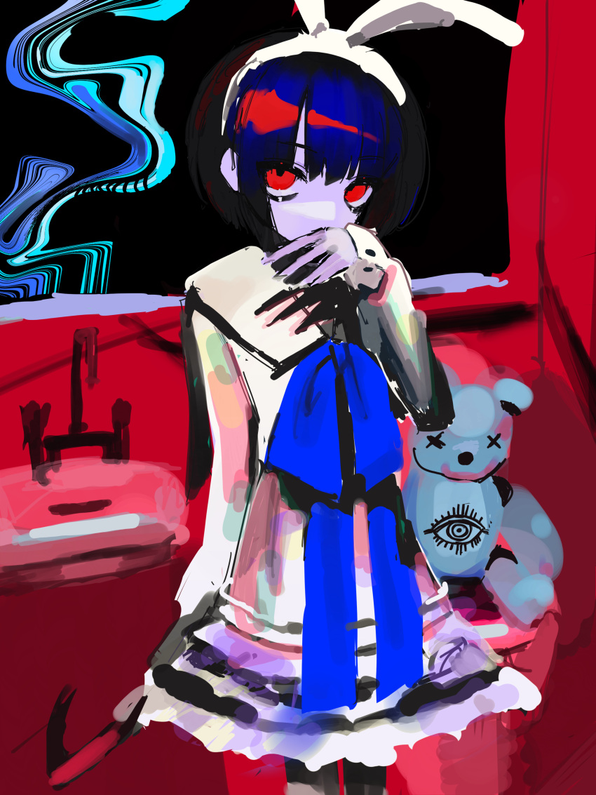 1girl, absurdres, blue_hair, blunt_bangs, covering_own_mouth, dress, hairband, hami0076