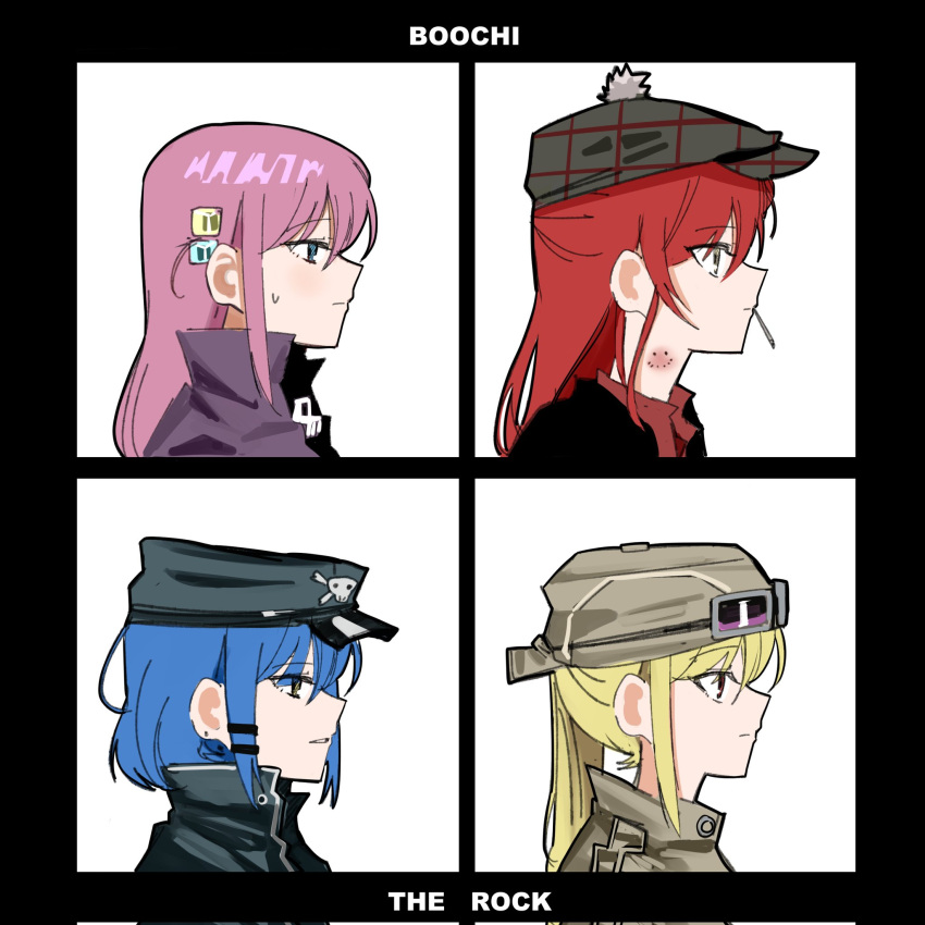 4girls, album_cover_redraw, aviator_cap, bite_mark, bite_mark_on_neck, black_hair, blonde_hair, blue_eyes