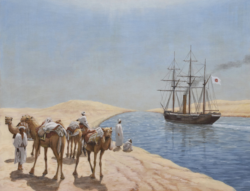4boys, absurdres, acrylic_paint_(medium), atelier_bono, camel, canal, commentary, day, desert, highres, historical_event, imperial_japanese_navy, japanese_flag, mast, military_vehicle, multiple_boys, original, outdoors, painting_(medium), seiki_(corvette), ship, sky, smoke, smokestack, suez_canal, traditional_media, vehicle_focus, warship, watercraft