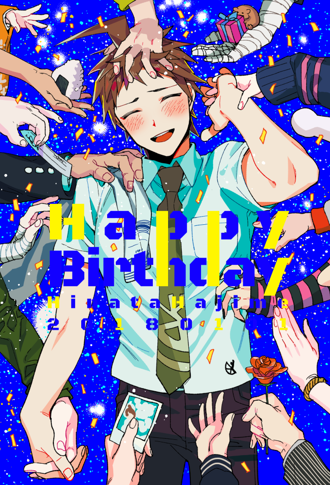 6+boys, 6+girls, :d, ahoge, blue_background, blush, breast_pocket, brown_hair