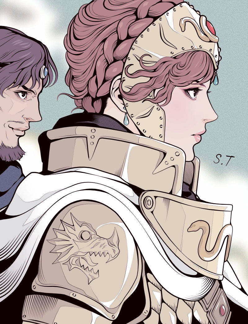 1boy, 1girl, armor, beard, blurry, blurry_background, braid, brown_eyes
