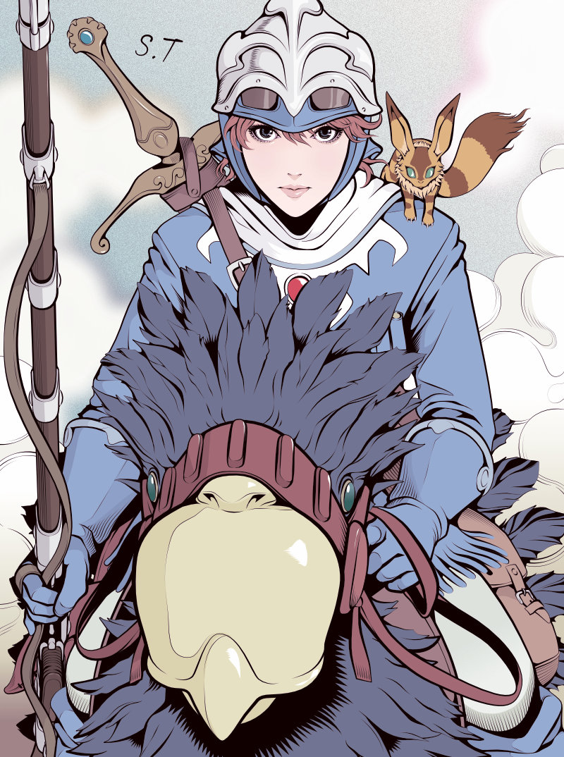 1girl, animal_on_shoulder, blue_eyes, blue_gloves, blue_jacket, blurry, blurry_background, brown_hair