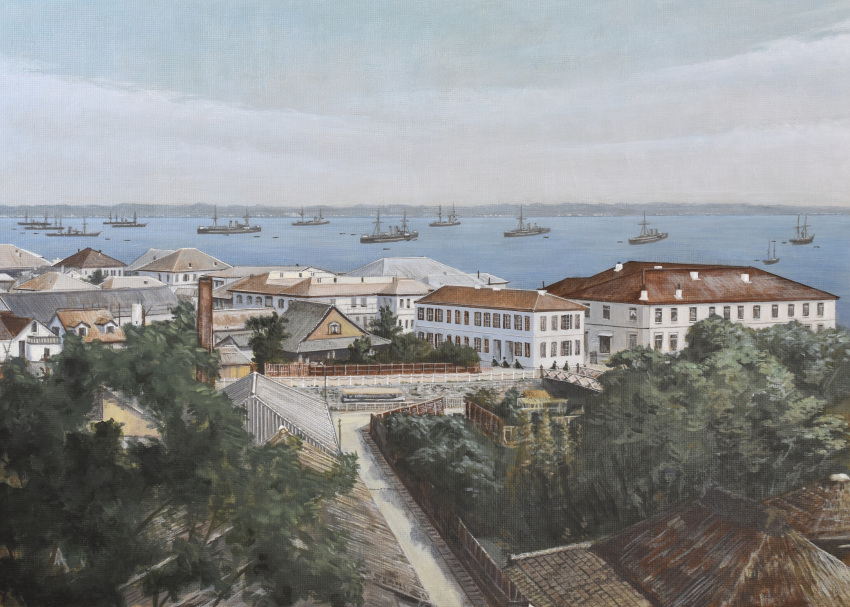 absurdres, acrylic_paint_(medium), atelier_bono, building, fence, highres, historical_event, imperial_chinese_navy