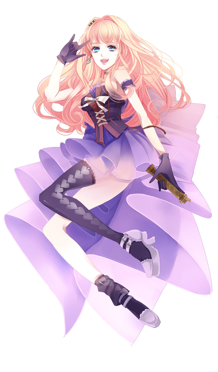 \m/, asymmetrical_thigh-highs, bare_thighs, blonde_hair, blue_eyes, earrings, gloves, highres