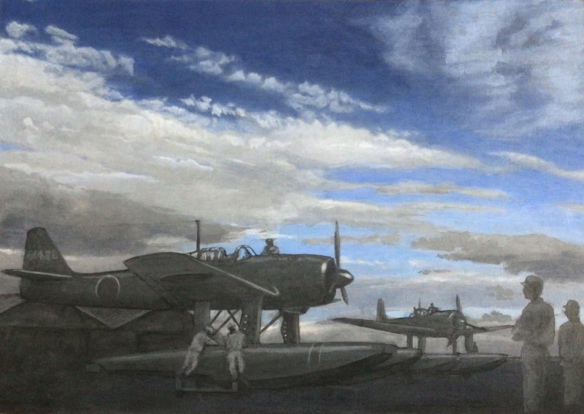 6+boys, acrylic_paint_(medium), aircraft, airplane, atelier_bono, clouds, cloudy_sky, e16a_zuiun