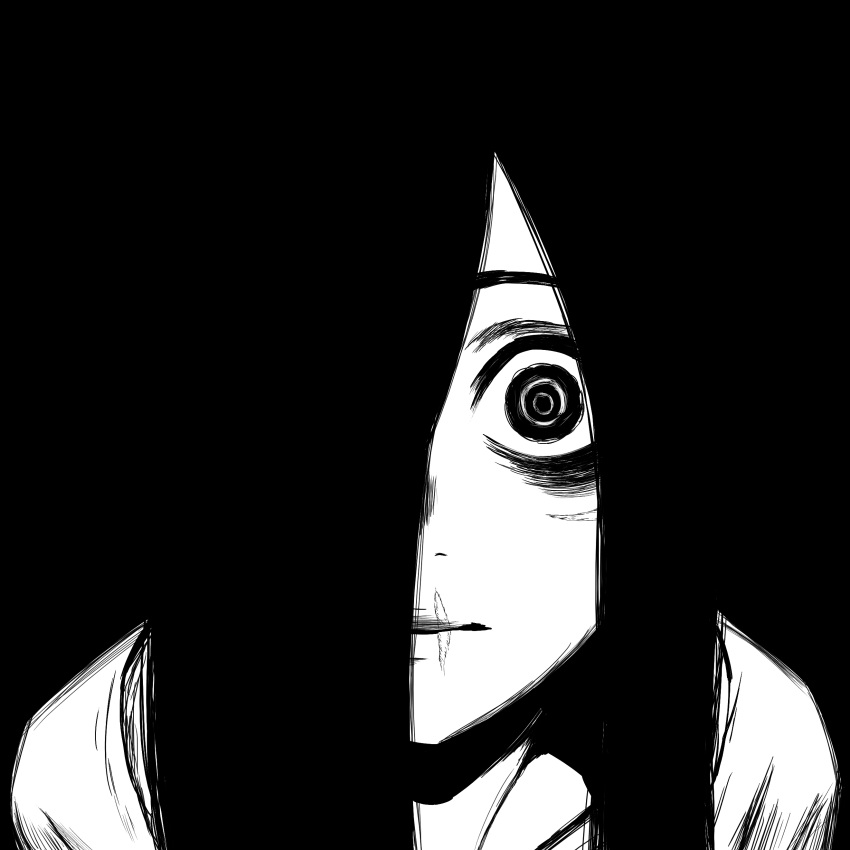 1girl, absurdres, black_background, hair_over_one_eye, highres, long_hair, looking_at_viewer, lughost