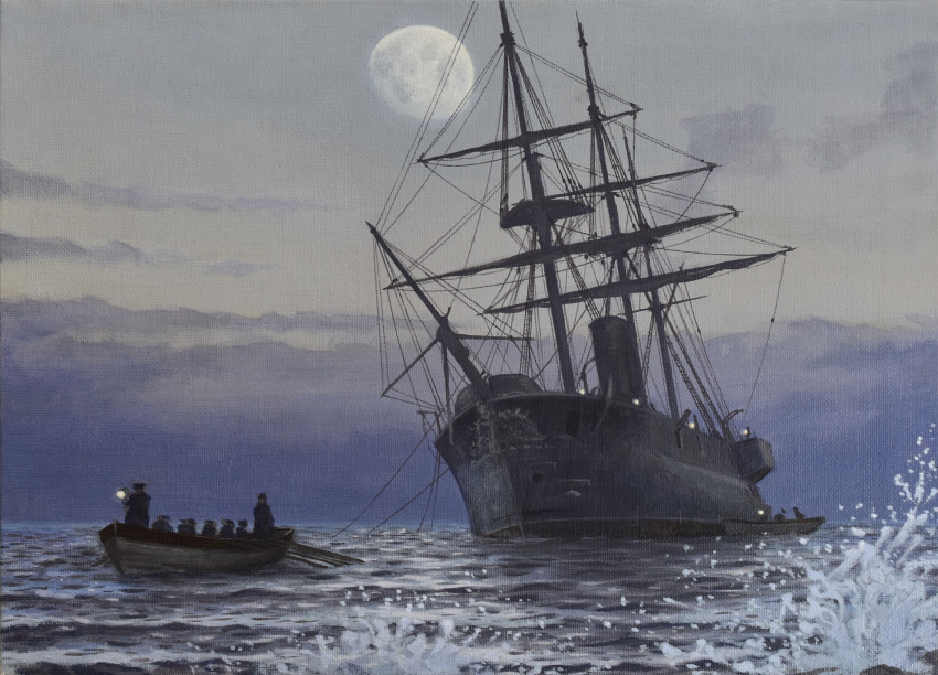 absurdres, acrylic_paint_(medium), atelier_bono, boat, cannon, full_moon, highres, historical_event, hms_iron_duke_(ironclad), ironclad, mast, military_vehicle, moon, night, ocean, original, painting_(medium), ship, ship_turret, sky, smokestack, traditional_media, warship, watercraft, waves