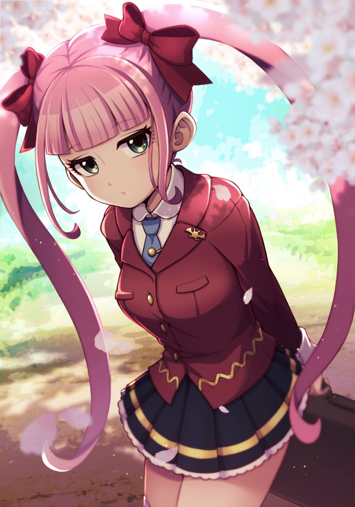 1girl, black_skirt, blazer, blue_necktie, blue_sky, blunt_bangs, blurry, bow