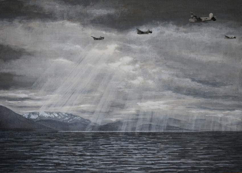 absurdres, acrylic_paint_(medium), aircraft, airplane, alaska, atelier_bono, b-24_liberator, bomber, clouds, cloudy_sky, dappled_sunlight, flying, highres, military_vehicle, mountain, mountainous_horizon, no_humans, original, painting_(medium), photoshop_(medium), scenery, sky, sunlight, traditional_media, united_states_air_force, world_war_ii