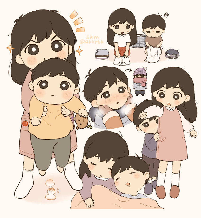 1boy, 1girl, 4kkrbk, :<, aged_down, alternate_costume, antenna_hair, black_eyes, black_hair, blush, bright_pupils, brother_and_sister, character_doll, closed_mouth, collared_shirt, highres, holding, holding_stuffed_toy, long_hair, long_sleeves, looking_at_another, mari_(faraway)_(omori), mari_(omori), omori, open_mouth, saliva, shirt, short_hair, short_sleeves, siblings, sleeping, smile, socks, sprout_mole, stuffed_toy, sunny_(omori), translated, twitter_username, white_pupils, white_shirt, white_socks