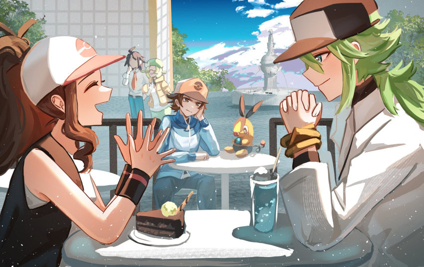 2girls, 3boys, ^_^, baseball_cap, bianca_(pokemon), black_hat, blue_jacket, blue_sky