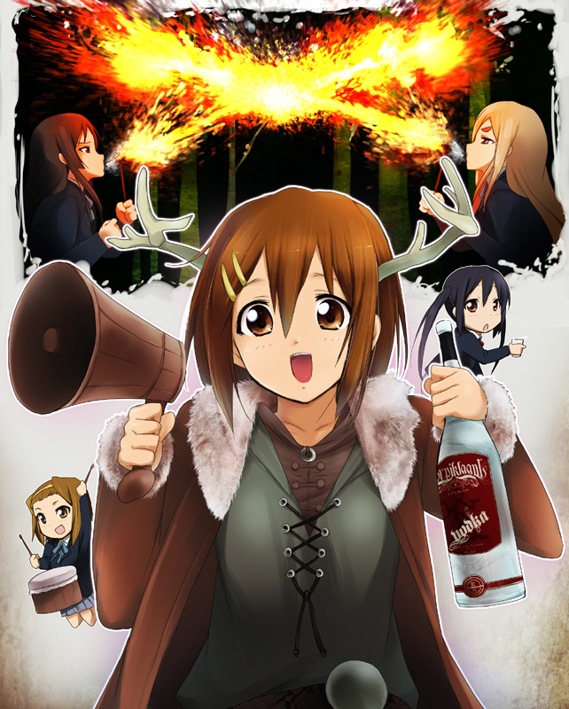 akiyama_mio, antlers, black_hair, blonde_hair, bottle, breathing_fire, brown_eyes, brown_hair