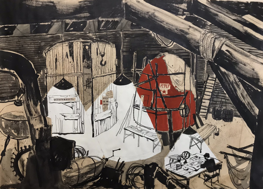 1boy, aelita_(tolstoy), barrel, black_hair, black_shirt, blueprint_(object), chair, commentary_request, desk, door, flask, from_behind, gears, hanging_light, highres, indoors, industrial_pipe, ladder, lamp, limited_palette, red_theme, rope, russian_commentary, russian_text, scaffolding, science_fiction, sepia, shirt, sitting, solo, spot_color, spotlight, star_(symbol), steampunk, very_wide_shot, wide_shot, wooden_door, yaroslava_murashko
