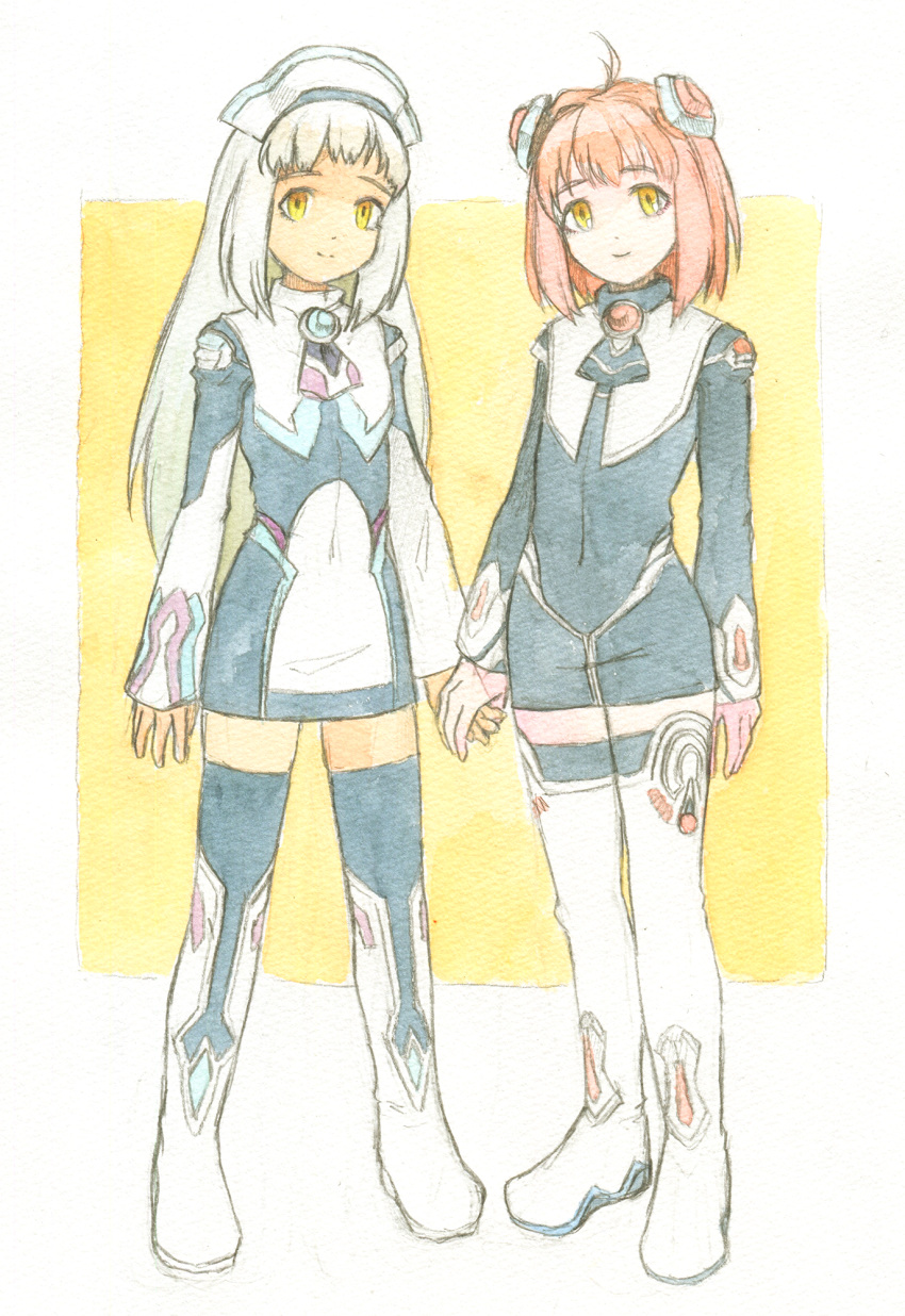 2girls, ahoge, arms_at_sides, boots, border, closed_mouth, commentary_request, dress