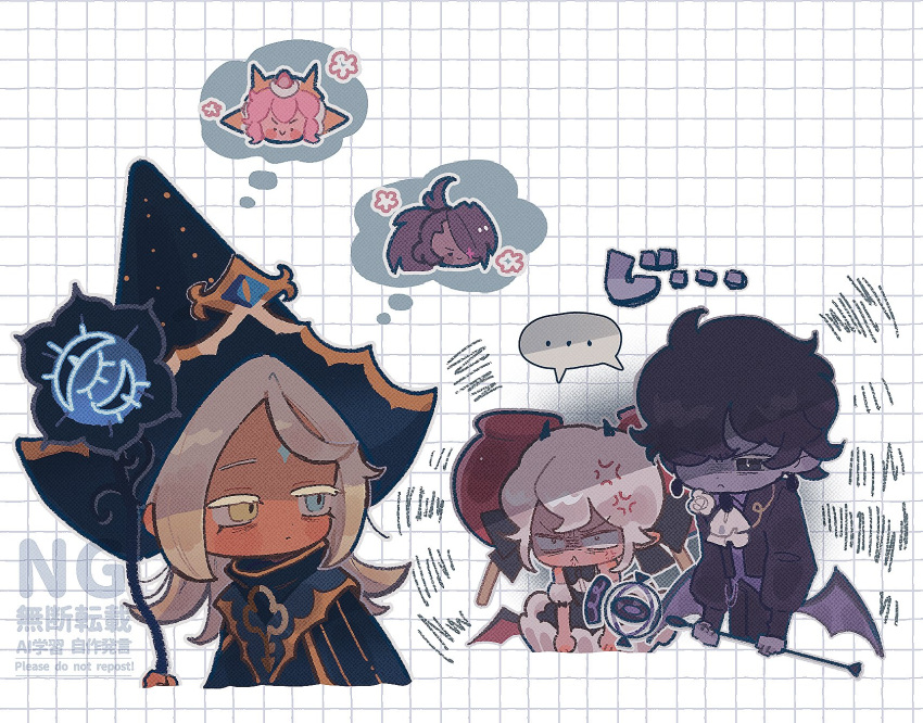 1other, 2boys, 2girls, black_hair, black_raisin_cookie, black_sapphire_cookie, blue_robe, candy_apple_cookie