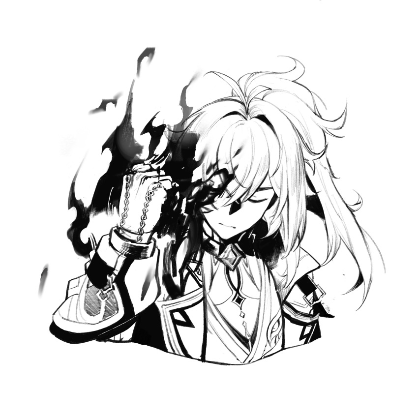 0723_yuan_shang_fuhuo_ban, 1boy, antenna_hair, brooch, chain, chinese_commentary, clenched_hand, closed_eyes