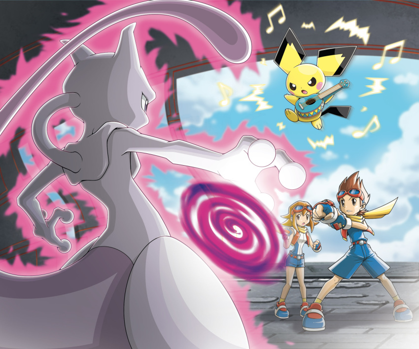 1boy, 1girl, :o, aura, beamed_eighth_notes, belt, ben_(pokemon), blue_gloves