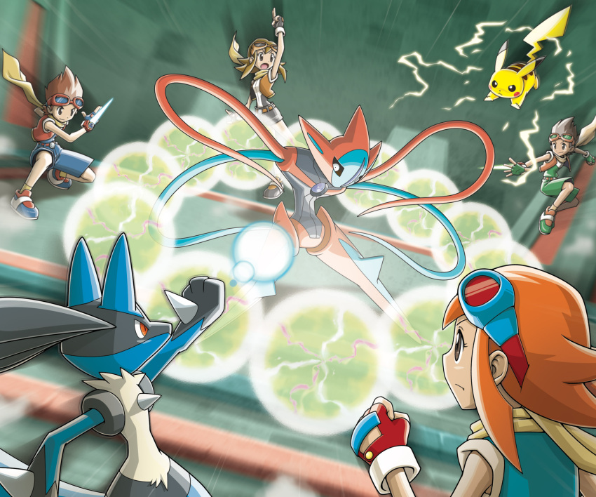 2boys, 2girls, alternate_color, arm_up, ben_(pokemon), black_gloves, brown_eyes, brown_hair